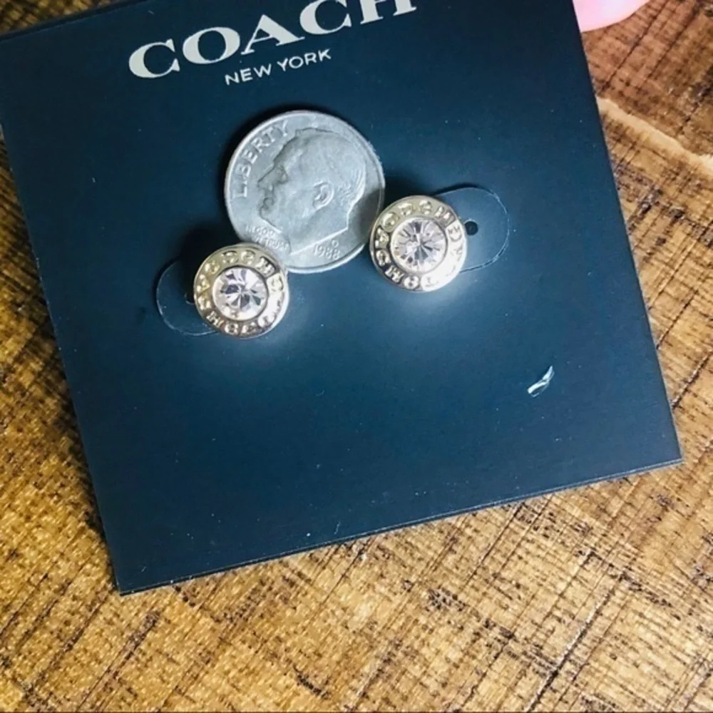 Coach Gold Crystal Logo Stud Earrings NWT - Picture 5 of 6